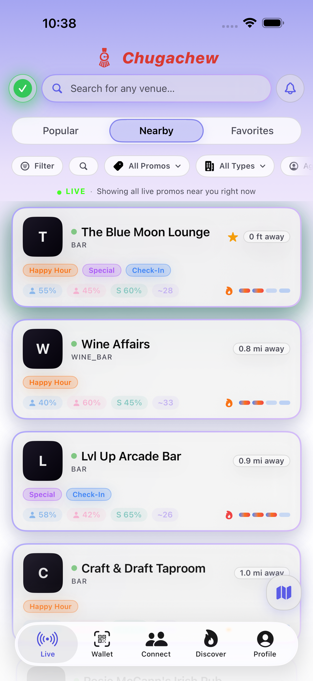 Chugachew venue list with live crowd levels